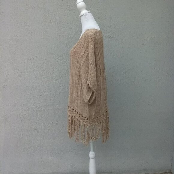 Gragham & Spencer Sweater Women's Med Tan Beige Fringe Pullover Bohemian - Picture 5 of 9